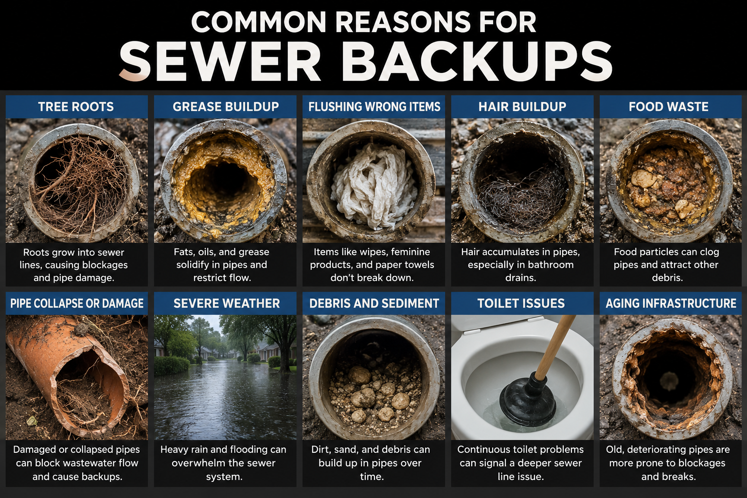 Infographic showing the ten most common reasons for sewer backups, including tree roots, grease buildup, flushing wrong items, hair buildup, food waste, pipe collapse, severe weather, debris and sediment, toilet issues, and aging infrastructure
