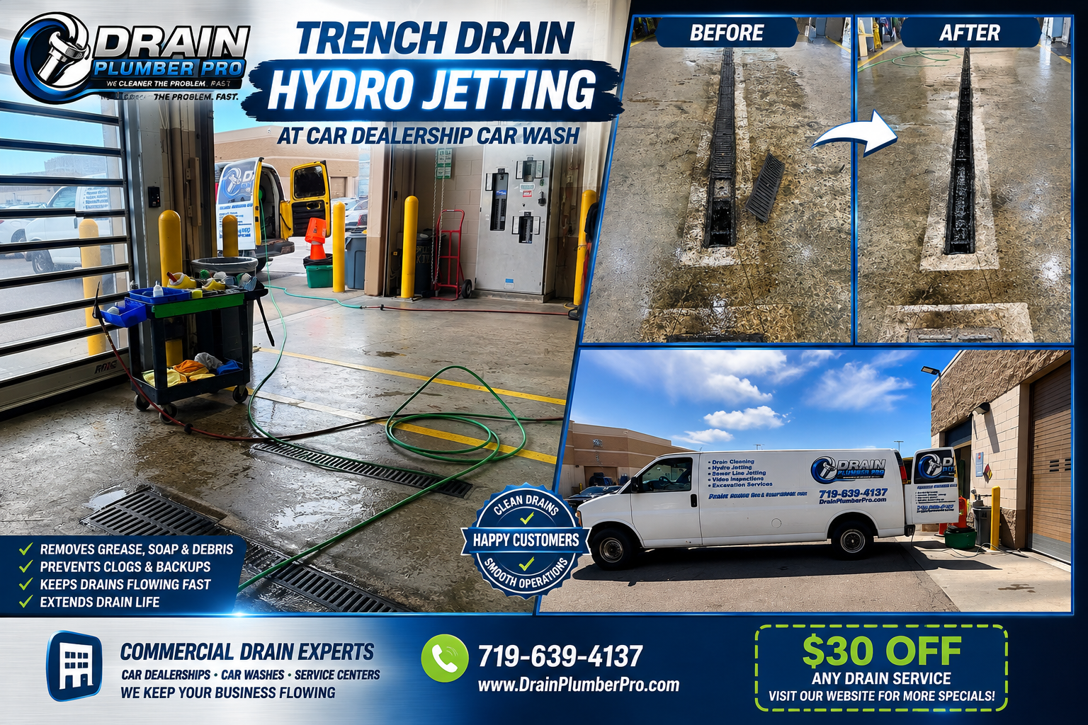 Trench drain hydro jetting before and after at a Colorado Springs car dealership car wash